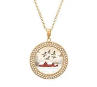 Flying Geese Snow Red House Round Pendant Necklace Diamond Edging Brilliant Personalized Jewelry Gifts for Women Golden-style
