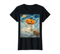 Flying Ghost Witch with Jack-O-Lantern Face On A Broomstick Value Graphic T-Shirt, Women, Black, XS
