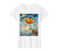 Flying Ghost Witch with Jack-O-Lantern Face On A Broomstick Value Graphic T-Shirt, Women, White, XL