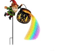 Flying Gnome Solar Light with Bubbling Cauldron, Halloween Garden | Stake Decor Featuring Witch Kettle Yard Ornament, Spooky Outdoor Statue Resin Gothic Fairy Garden Accent with