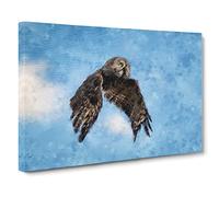 Flying Great Grey Owl Canvas Print | Gallery Wrapped 30mm Frame Wall Art | 20x14 inches | Ready to Hang | Modern Animals Picture | Living Room Bedroom Lounge Office