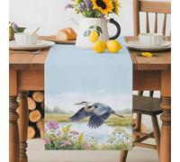 Flying Heron Table Runner 13x72 Inches Long Rustic Country Flower Plant Bird Grass Texture Blue Sky Cotton Linen Table Runner Burlap Style for Dinner Table Party Decor Tabletop Decorations