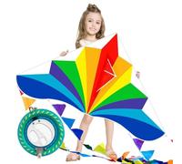 Flying Hoofer Large Beach Kite and Kite Reel Winder with 650ft String for Kids and Adults, Single Line Kite, Extremely Easy to Fly for Beginners.(Rainbow Delta)