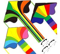 Flying Hoofer Rainbow Delta Kites (3 Pack) - Triangle Single Line Kite with Colorful Tail Ribbons for Kids Ages 4-8, 8-12 & Adults - Easy to Fly for Toddlers & Beginners