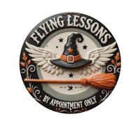 Flying Lessons Witch Hat Broom Stars Round Metal Tin Sign Vintage Wall Decor, Bar Garage Cafe Kitchen Home Wall Art Poster 8x8inches
