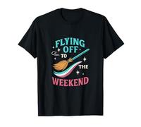 Flying Off to The Weekend Retro Witch Broom Design T-Shirt