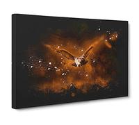 Flying Owl at Dusk Paint Splash Canvas Print | Gallery Wrapped 30mm Frame Wall Art | 30x20 inches | Ready to Hang | Modern Animals Picture | Living Room Bedroom Lounge Office