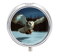 Flying Owl Travel Pill Box Case 3 Compartment Cute Pill Organizer Metal Pill Holder with Mirror Small Medicine Organizer Daily Pill Container for Purse Pocket Portable Meds Box