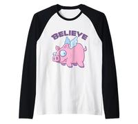 Flying Pig Cartoon - Believe Raglan Baseball Tee