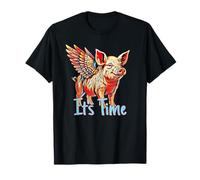 Flying Pig It’s Time Illustration Funny Colorful Winged Art T-Shirt