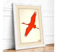Flying Red Bird Japandi Framed Wall Art Print A1 White