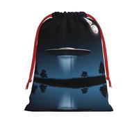 Flying Saucer At Night Printing 11.8x15.8in Drawstring Gift Bag With Red Ribbon Closure For Halloween Xmas,For Adults Gifting