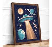 Flying Saucer Over Earth Retro Framed Wall Art Print A4 (29.7×21cm) Walnut, Wall Decor for Living Room, Bedroom, Office & Home, Ready to Hang, Art Gift