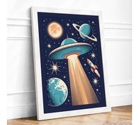 Flying Saucer Over Earth Retro Framed Wall Art Print A4 (29.7×21cm) White, Wall Decor for Living Room, Bedroom, Office & Home, Ready to Hang, Art Gift