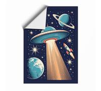 Flying Saucer Over Earth Retro Unframed Wall Art Print A4 (29.7×21cm), Wall Decor for Living Room, Bedroom, Office & Home, Art Gift
