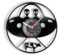 Flying Saucer Vinyl LP Wall Clock UFO Aliens Beam Transmit The Cow Sci-Fic Scene Timepiece Whimsical Pop Art Music