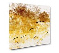 Flying Seagulls At Sunset Watercolour Canvas Print | Gallery Wrapped 30mm Frame Wall Art | 14x14 inches | Ready to Hang | Modern Landscape Picture | Living Room Bedroom Lounge Office