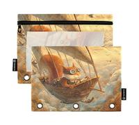 Flying Ship Squirrel Binder Plastic with Clear Window Large Zippered Pencil case with Zipper Reinforced Grommets Pocket folders for 3 for Office School Supplies Cosmetics Multicolored 2 PCS