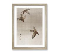 Flying Sparrows By Watanabe Seitei Asian Japanese Framed Wall Art Print, Ready to Hang Picture for Living Room Bedroom Home Office Décor, Oak A4 (34 x 25 cm)