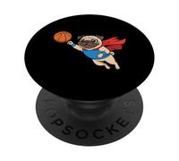Flying Superhero Pug Playing Basketball Cartoon PopSockets Adhesive PopGrip