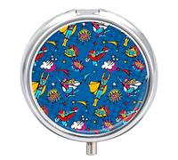 Flying Superheroes Speech Bubbles in Pop Art Comic Style on Blue Iron Pill Box Case Organizer with Internal Separate Plastic Dividers, Travel Small Medicine Bag Holder Carrier Round Container
