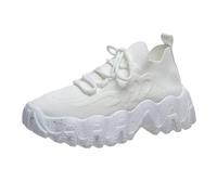 Flying Weaving Women's Korean Fashion Round Head Lace-Up Casual Shoes with Thick Sole, White, 4 UK