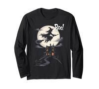 Flying Witch Boo Haunted Spooky House Halloween Night Long Sleeve T-Shirt