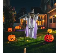 Flying Witch Halloween Decor Broom, 6 FT Animated Hovering Witch Animatronics, Flying Witch Decorations with Scary Sounds and Lights, Animated Halloween Decorations, Scary Props House Decor