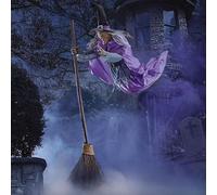Flying Witch Halloween Decor on Broom: 70inch Large Spooky Flying Witch Decor with Eyes Lights and Scary Sounds, adjustable Animated Hovering Witch Animatronics Halloween Decorations Outdoor (Purple)