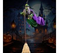 Flying Witch Halloween Decor on Broom: 70inch Large Spooky Flying Witch Decor with Eyes Lights and Scary Sounds, adjustable Animated Hovering Witch Animatronics Halloween Decorations Outdoor(Green)