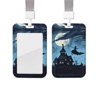 Flying Witch Silhouette ID Badge Holder with Lanyard Vertical Card Case Protector Pouch with Clear Window Plastic Sliding ID Card Holder for NurseOffice Supplies Name Tag