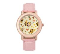 Flying Yellow Bees Hearts Womens Elegant Watch Analogue Quartz Watch Leather Band Wristwatch