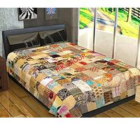 Flyingasedgle Indian Silk Patola Patchwork Kantha Quilt Handmade Vintage Quilts Boho Twin/King Size Bedding Throw Blanket Bedspread Quilting Hippie Quilts for Sale (Beige, 90X108 Inches)