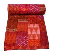Flyingasedgle Indian Silk Patola Patchwork Kantha Quilt Handmade Vintage Quilts Boho Twin/King Size Bedding Throw Blanket Bedspread Quilting Hippie Quilts for Sale (Orange, 90x108 Inches)