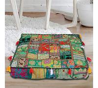 Flyingasedgle Rajasthani Handmade Colorful Decorative Floor Pillow Cover Meditation Patchwork Patchwork Cushion Seating Accent Boho Chic Indian Handmade Cover ONLY (Green, 35 * 35 * 6 Inch Square)