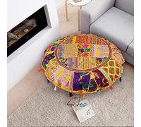 Flyingasedgle Rajasthani Handmade Colorful Decorative Floor Pillow Cover Meditation Patchwork Patchwork Cushion Seating Accent Boho Chic Indian Handmade Cover ONLY (Yellow, 32X32 Inches)