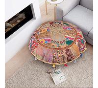 Flyingasedgle Rajasthani Handmade Colorful Decorative Floor Pillow Cover Meditation Patchwork Patchwork Cushion Seating Accent Boho Chic Indian Handmade Cover ONLY (Beige, 32X32 Inches)
