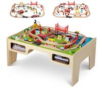 FlyingBoom Train Table Set, Wood Kids Activity Table with Storage Drawer, 133 Multiple Pieces, Tracks, Trains, Cars, Toddler Train Table Set with Reversible Tabletop, Gift for Boys and Girls Age 3+