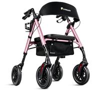 FlyingJoy Folding Walker with Seat and Extra Wide Backrest, All Terrain Walkers Large 8 Inch Wheels for Seniors, Rolling Walkers with Cup and Stick Holder, Support