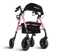 FlyingJoy Folding Walker with Seat and Extra Wide Backrest, All Terrain Walkers Large 8 Inch Wheels for Seniors, Rolling Walkers with Cup and Stick Holder, Support