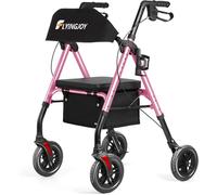 FlyingJoy Folding Walker with Seat and Extra Wide Backrest, All Terrain Walkers Large 8 Inch Wheels for Seniors, Rolling Walkers with Cup and Stick Holder, Support