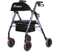 FlyingJoy Folding Walker with Seat, Removable Rear Stand, 8" Large Wheels, Supports up to 300 lbs, Blue