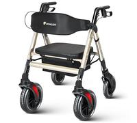 FlyingJoy Heavy Duty Rollator Walker with Seat,Bariatric Folding Rolling Walker with Large 8-inch Wheels,Supports up to 450 lbs,Champagne