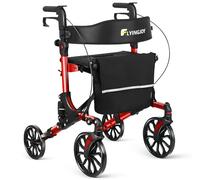 FlyingJoy Lightweight All-Terrain Rolling Walker with Wheels, Folding Walker with Adjustable Height Seat and Backrest, 300 lbs Capacity, 10" Front and 8" Rear Wheels for Seniors, A