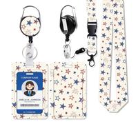 FlyingMage Badge Holder Vertical Plastic Case with Retractable Reel Belt Clip and Detachable Lanyard Strap Hard ID Card Protector for for Office Nurse Doctor Teacher Student (Beige Star)