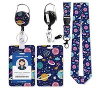 FlyingMage Badge Holder Vertical Plastic Case with Retractable Reel Belt Clip and Detachable Lanyard Strap Hard ID Card Protector for for Office Nurse Doctor Teacher Student (Purple Planet)