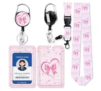 FlyingMage Badge Holder Vertical Plastic Case with Retractable Reel Belt Clip and Detachable Lanyard Strap Hard ID Card Protector for for Office Nurse Doctor Teacher Student (Pink Bow)