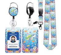 FlyingMage Badge Holder Vertical Plastic Case with Retractable Reel Belt Clip and Detachable Lanyard Strap Hard ID Card Protector for for Office Nurse Doctor Teacher Student (Blue Turtle)
