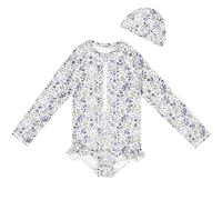 FLYISH DIRECT Baby Girl One Piece Swimming Costume, Zip Up Long Sleeve Swimwear with Cap, UPF 50+ Sun Protection Floral Ruffle Swimsuit for Toddler Girls, 110