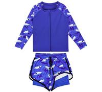 FLYISH DIRECT Boys Swimming Costume, UPF 50+ Long Sleeve Zip Up Swimwear Set for Kids, 2 Piece Quick Dry Kids Rash Vest with Boys Swimming Short, Shark, 140